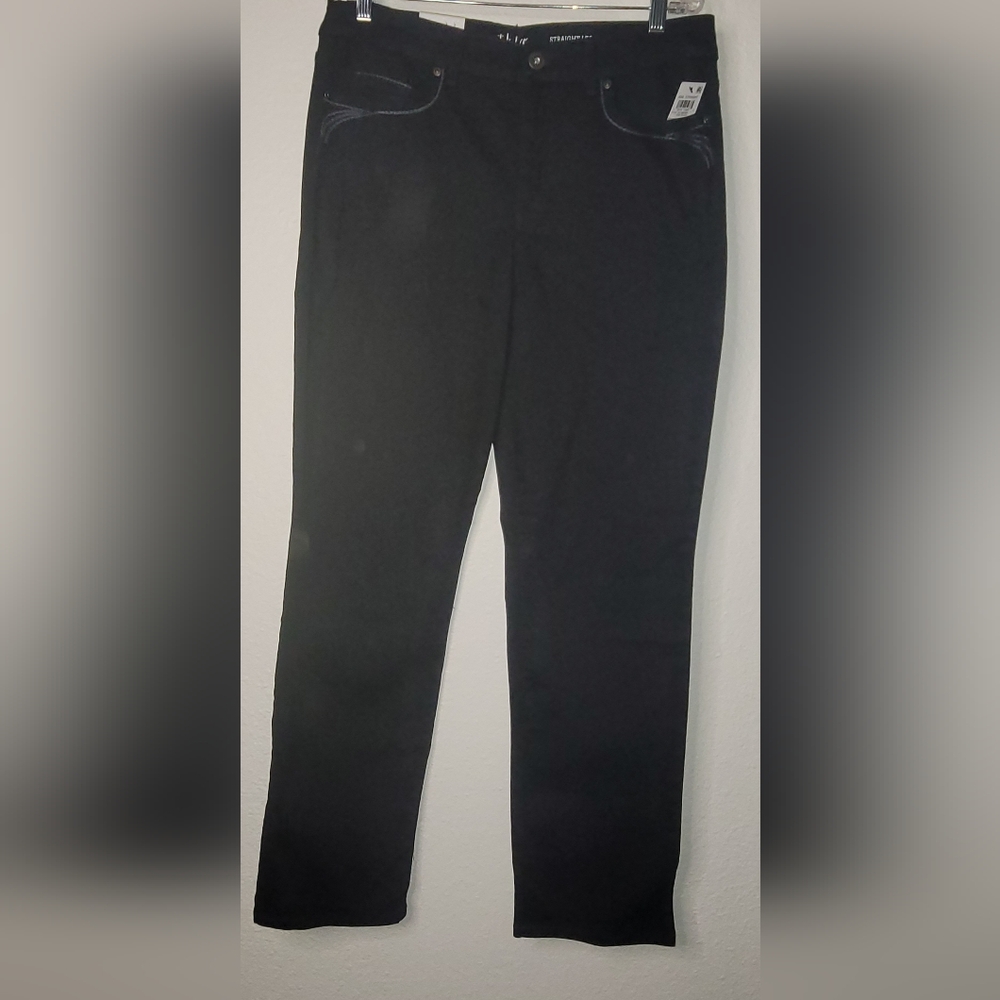 Deep Black Style & Co Rail Straight High Rise Tummy Control Pants Sz 14